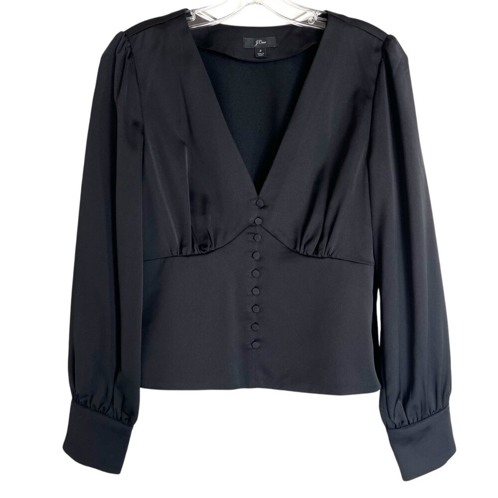 J Crew Black Deep V-Neck Empire Waist Long Sleeve Satin Blouse Top Sz 2